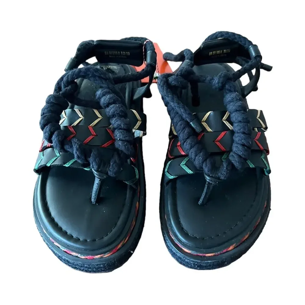 Farm Rio Black Rope Tie Flatform Sandals Women Size 8